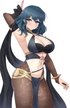 1girl alternate_costume bare_shoulders blue_eyes blue_hair blush bracelet breasts bridal_gauntlets bridal_legwear circlet cleavage cosplay criss-cross_halter dancer doiparuni dorothea_arnault dorothea_arnault_(cosplay) dorothea_arnault_(plegian) dorothea_arnault_(plegian)_(cosplay) earrings female_byleth_(fire_emblem) fire_emblem fire_emblem:_three_houses fire_emblem_heroes hair_between_eyes hair_ornament halterneck highres jewelry large_breasts loincloth looking_at_viewer medium_hair navel nintendo pantyhose pelvic_curtain simple_background solo stomach