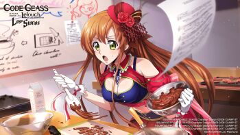 1girl bare_shoulders blue_necktie blue_shirt blurry blurry_foreground blush bowl bowler_hat breasts chocolate cleavage cleavage_cutout clothing_cutout code_geass code_geass:_lost_stories cooking crop_top cutting_board doodle_inset english_text flower gloves green_eyes hands_up hat hat_flower highres holding holding_bowl holding_spatula idol_clothes indoors kitchen kitchen_knife knife leaning_forward light_blush light_particles light_rays long_hair medium_breasts midriff milk_carton milly_ashford mini_hat mixing_bowl navel necktie official_art open_mouth orange_hair paper pleated_skirt red_flower red_hat red_rose red_skirt rose sheet_music shirley_fenette shirt short_necktie short_sleeves shrug_(clothing) sidelocks skirt sleeveless sleeveless_shirt solo spatula standing stove sweat tilted_headwear tray v-shaped_eyebrows very_long_hair whisk white_gloves whiteboard