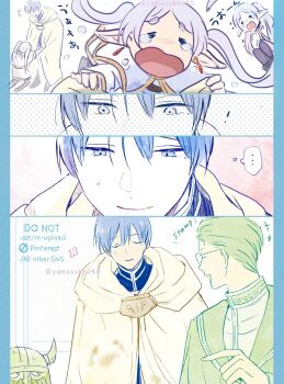 Rule 34 | ..., 1girl, 3boys, black pantyhose, blue border, blue eyes, blue hair, blue jacket, boots, border, brown boots, capelet, cloak, closed mouth, commentary request, crying, dwarf, eisen (sousou no frieren), elf, fake horns, frieren, glasses, gold trim, green hair, grey hair, hair between eyes, hair slicked back, heiter, helmet, himmel (sousou no frieren), horned helmet, horns, jacket, kneeling, light smile, long hair, mole, mole under eye, multiple boys, pantyhose, parted bangs, pointy ears, short hair, skirt, sousou no frieren, sweatdrop, tears, thick eyebrows, twintails, twitter username, upper body, white capelet, white cloak, white skirt, yamasuke040