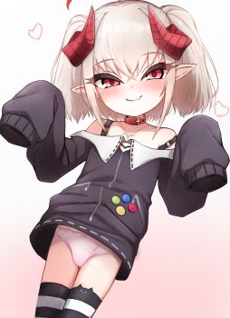 1girl ahoge blush collar commentary_request highres horns huucha_(cpaf5377) loli looking_at_viewer makaino_ririmu nijisanji paid_reward_available panties pointy_ears red_eyes sleeves_past_fingers sleeves_past_wrists smile solo thighhighs underwear variant_set