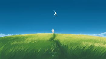 1girl blue_sky cloud commentary day english_commentary from_behind grass highres long_hair meadow multiple_moons original outdoors planet planetary_ring scenery science_fiction sky solo standing the_protagonists_(protagonist2114) twintails watermark white_hair wide_shot