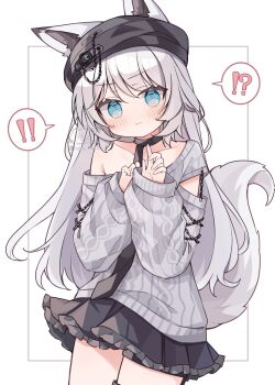 ! !! !? 1girl animal_ears black_hat black_skirt blush closed_mouth collarbone commentary cowboy_shot ears_through_headwear fox_ears fox_girl fox_tail frilled_skirt frills hands_up hat highres long_hair long_sleeves looking_at_viewer miniskirt off_shoulder original pleated_skirt ribbed_sweater ringouulu simple_background single_bare_shoulder skirt sleeves_past_wrists solo spoken_exclamation_mark spoken_interrobang sweater symbol-only_commentary tail twitter_username white_background white_hair white_sweater
