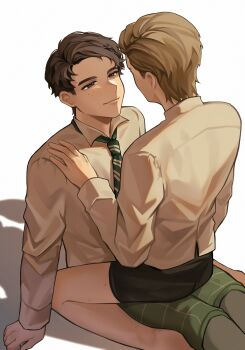 2boys absurdres blonde_hair brown_eyes brown_hair eye_contact freckles highres hogwarts_legacy hogwarts_school_uniform looking_at_another male_focus multiple_boys necktie ominis_gaunt school_uniform sebastian_sallow short_hair slytherin smile striped_necktie underwear wizarding_world yaoi yasei_akazome