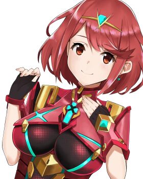 1girl arm_at_side armor black_gloves bodysuit breasts chromatic_aberration circlet closed_mouth earrings female_focus fingerless_gloves gloves hand_on_own_chest highres impossible_bodysuit impossible_clothes j@ck jewelry large_breasts looking_at_viewer nintendo pyra_(xenoblade) red_eyes red_hair short_hair simple_background smile solo swept_bangs upper_body xenoblade_chronicles_(series) xenoblade_chronicles_2