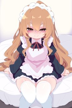 1girl aisaka_taiga alternate_costume apron bad_tag bed blush brown_hair enmaided female_focus highres kukuchi581 kyojiri_loli loli long_hair looking_at_viewer maid maid_apron maid_headdress on_bed sitting smile solo thighhighs thighs toradora! white_thighhighs
