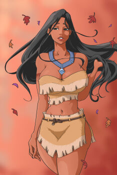 1girl black_hair breasts brown_eyes brown_skirt dark-skinned_female dark_skin falling_leaves highres jewelry large_breasts leaf long_hair looking_at_viewer midriff native_american navel necklace pocahontas_(disney) pocahontas_(movie) skirt solo strapless wanderagro893