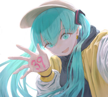 Rule 34 | 1girl, 39, :d, absurdres, aqua eyes, aqua hair, black ribbon, commentary, earrings, hair between eyes, hat, hatsune miku, highres, jacket, jewelry, long hair, long sleeves, looking at viewer, open mouth, puffy sleeves, ribbon, simple background, smile, tokaki, twintails, vocaloid, white hat
