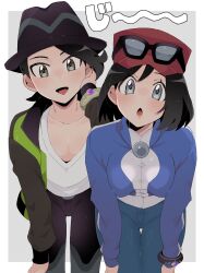 2boys :o bent_over black_hat blue_jacket bracelet calem_(pokemon) collarbone commentary_request femboy girly_boy grey_eyes hat highres jacket jewelry long_sleeves looking_at_viewer male_breasts male_focus male_with_breasts multiple_boys nintendo open_clothes open_jacket open_mouth pants paxton_(pokemon) pectoral_cleavage pectorals pokemon pokemon_legends:_z-a pokemon_xy red_hat sana_(37pisana) shirt short_hair tongue trap white_shirt