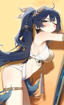 1girl absurdres ahoge bare_shoulders blue_eyes blue_hair blush breasts cleavage closed_mouth commentary from_side gold_bra highres iuno_(wuthering_waves) jewelry laurel_crown leaning_forward long_hair looking_at_viewer looking_to_the_side medium_breasts multicolored_hair one_eye_closed outstretched_arms solo streaked_hair syhan symbol-only_commentary thighlet thighs twintails wuthering_waves
