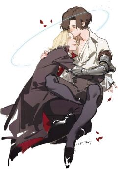 Rule 34 | 2boys, androgynous, blonde hair, brown hair, closed eyes, collared shirt, commentary, english commentary, exclusiverobert, falling petals, highres, hug, lies of p, male focus, mechanical arms, multiple boys, petals, pinocchio (lies of p), prosthesis, prosthetic arm, red petals, romeo (lies of p), shirt, short hair, signature, simple background, single mechanical arm, sitting, white background, white shirt, yaoi