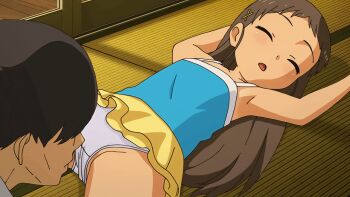 1boy 1girl age_difference animated animated_gif anime_screenshot brown_hair hair_ornament loli panties sayama_chie shoujo_ramune skirt sleeping smelling tank_top underwear