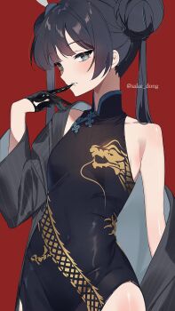 1girl aged_up biting biting_glove black_gloves black_hair blue_archive blush china_dress chinese_clothes covered_navel dress gloves grey_eyes grey_jacket hair_bun jacket kisaki_(blue_archive) looking_at_viewer off_shoulder open_clothes open_jacket red_background sake_dong simple_background solo twitter_username