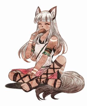 1girl ^_^ animal_ear_fluff animal_ears brown_hair closed_eyes commentary_request dark-skinned_female dark_skin dress food fuwarenren gladiator_sandals gradient_hair highres holding holding_food long_hair meat multicolored_hair ochette_(octopath_traveler) octopath_traveler octopath_traveler_ii sandals simple_background sitting solo tail two-tone_hair upper_body white_background white_dress white_hair