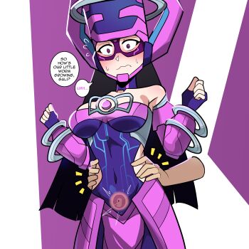 1girl absurdres black_hair blue_bodysuit bluebutter blush bodysuit breasts cleavage commentary covered_navel detached_sleeves disembodied_arm disembodied_hand embryo english_text fingerless_gloves flying_sweatdrops galacta gloves helmet highres marvel medium_breasts pink_eyes pink_helmet pink_skirt pregnant skirt solo sweat x-ray