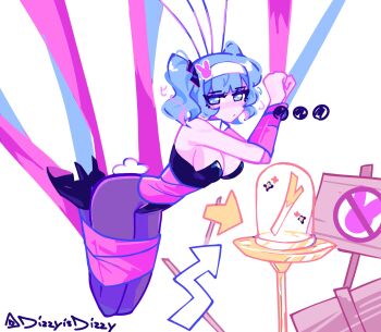 1girl black_pantyhose blue_hair bound bound_arms bound_legs bound_torso dizzyisdizzy hair_ornament hatsune_miku pantyhose playboy_bunny rabbit_hair_ornament rabbit_hole_(vocaloid) spring_onion suspension vocaloid