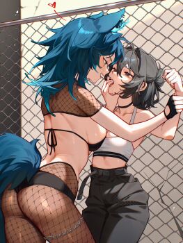 2girls absurdres animal_ear_piercing animal_ears ass assertive_female belt black_belt black_choker black_eyes black_gloves black_hair black_panties black_pants blue_eyes blue_hair breasts chain chain-link_fence choker chui_art commentary cowboy_shot english_commentary eye_contact fence finger_to_another's_mouth fingerless_gloves fishnet_pantyhose fishnet_top fishnets flaming_ears gloves heart height_difference high-waist_pantyhose highres holding_another's_wrist indie_virtual_youtuber large_breasts long_hair looking_at_another lucia_(scott_malin) medium_hair midriff multiple_girls open_mouth panties pants pantyhose saliva scar scar_across_eye scar_on_face second-party_source spite_(vtuber) sports_bra standing tail tearing_up underwear virtual_youtuber white_sports_bra wolf_ears wolf_girl wolf_tail yuri