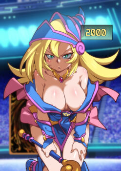 1girl angry areola_slip bare_shoulders blonde_hair breasts crowd dark_magician_girl green_eyes helmet jcm2 jewelry large_breasts leaning_forward looking_at_viewer magical_girl necklace no_bra open_mouth shiny_skin solo stadium wand wide_hips yu-gi-oh!