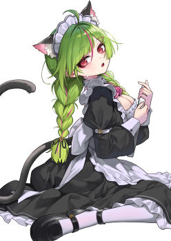 1girl absurdres ahoge animal_ear_fluff animal_ears apron ascot black_dress black_shoes blunt_bangs braid breasts cat_ears cat_girl cat_tail cleavage commentary_request curry_bowl delutaya detached_collar dress extra_ears frilled_dress frills from_side green_hair hair_ornament hairclip highres holding indie_virtual_youtuber long_dress long_hair long_sleeves looking_at_viewer low_twin_braids maid maid_apron maid_headdress mary_janes medium_breasts open_mouth pantyhose pink_ascot pink_streaks puffy_long_sleeves puffy_sleeves red_eyes shoes simple_background sitting solo tail triangle_hair_ornament twin_braids wariza white_apron white_background white_pantyhose