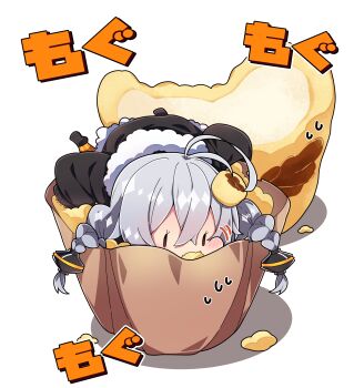 1girl absurdres antenna_hair black_jacket black_shoes braid brown_eyes chibi commentary_request food fur-trimmed_jacket fur_trim grey_hair hair_between_eyes highres in_food jacket kizuna_akari long_hair long_sleeves low_twintails milkpanda orange_pantyhose pantyhose puffy_long_sleeves puffy_sleeves shadow shoes solid_oval_eyes solo striped_clothes striped_pantyhose sweat translation_request twin_braids twintails vertical-striped_clothes vertical-striped_pantyhose very_long_hair voiceroid