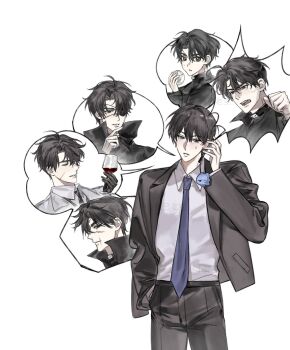 Rule 34 | 6+boys, black gloves, black hair, black jacket, blue necktie, coat, collared shirt, cup, drinking glass, dumpling, eyepatch, food, gloves, hand in pocket, hand up, head tilt, highres, holding, holding cup, holding food, holding phone, jacket, kim dokja, multiple boys, multiple persona, necktie, omniscient reader's viewpoint, phone, scar, scar on face, scar on mouth, scar on nose, secretive plotter, shirt, shirt tucked in, short hair, spoken character, standing, sweatdrop, talking on phone, white coat, white shirt, wine glass, ye24728117, yoo joonghyuk, yoo joonghyuk (999th turn)