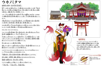 1girl bell body_fur breasts commentary_request fox_girl furry furry_female geta hand_fan highres holding holding_fan japanese_clothes kimono kitsune kouhaku_nawa large_breasts multiple_tails neck_bell original paper_fan rope shimenawa shrine simple_background tail tiger_subaru torii translation_request white_background white_fur white_kimono yellow_eyes