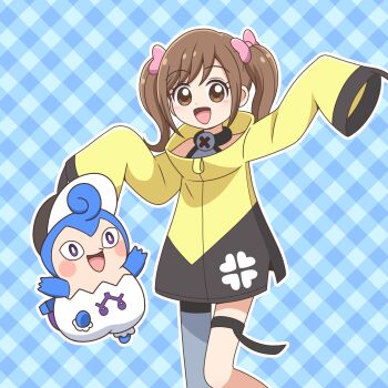 &lt;o&gt;_&lt;o&gt; 1boy 1girl :d asymmetrical_legwear blue_background blush blush_stickers bow broadcaster_connection brown_eyes brown_hair clover_print cocotama_(series) commentary cosplay creator_connection creature dot_nose feet_out_of_frame gingham_background grey_pantyhose hair_bow happy highres hondo_kaede iono_(pokemon) iono_(pokemon)_(cosplay) jacket jumping kamisama_minarai:_himitsu_no_cocotama kato-shun long_sleeves looking_at_viewer nintendo open_mouth oversized_jacket pantyhose pink_bow pokemon pokemon_(anime) pokemon_horizons purple_eyes shirt single_leg_pantyhose sleeveless sleeveless_shirt sleeves_past_fingers sleeves_past_wrists smile terasaki_yuka thigh_strap tokumaru_(cocotama) tv_tokyo twintails voice_actor_connection yellow_jacket yotsuba_kokoro