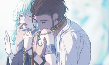 1boy 1girl animal_collar armlet bare_shoulders black_shirt blue_eyes blue_hair blurry blurry_background blush breasts brown_collar brown_hair chain chain_leash chinese_commentary claude_von_riegan claude_von_riegan_(timeskip) closed_eyes collar commentary_request couple dancer dancer_(fire_emblem:_three_houses) earrings female_byleth_(awakened)_(fire_emblem) female_byleth_(fire_emblem) finger_in_another&#039;s_mouth fire_emblem fire_emblem:_three_houses gold_earrings hands_up hetero holding holding_leash hug hug_from_behind jewelry leash medium_breasts medium_hair nintendo parted_lips shirt short_hair short_sleeves sideburns silver_armlet upper_body white_shirt zhihaiwusheng