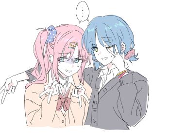 ... 2girls alternate_costume alternate_hairstyle arm_around_neck averting_eyes black_jacket blue_eyes blue_hair bocchi_the_rock! bow bowtie brown_jacket double_v flat_color frown gotoh_hitori grey_jacket grin highres jacket kyokutsuki long_hair long_sleeves looking_at_viewer multiple_girls neck_ribbon nervous_smile one_eye_closed pink_hair red_bow red_bowtie red_ribbon ribbon shared_speech_bubble shirt short_hair side_ponytail sidelocks simple_background smile speech_bubble spoken_ellipsis teeth upper_body v white_background white_shirt wristband yamada_ryo yellow_eyes yellow_jacket