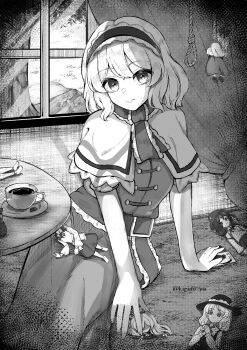 alice_margatroid ascot capelet character_doll cup doll dress frilled_ascot frilled_cape frilled_sash frills greyscale hairband highres hourai_doll jacket_girl_(dipp) komeijirenji label_girl_(dipp) lolita_hairband looking_at_viewer monochrome noose sash satsuki_rin short_hair socks straw_doll table touhou tree wind
