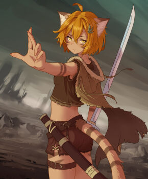 >:( 1girl absurdres amayon animal_ear_fluff animal_ears belt blonde_hair breasts brown_shorts cape cat_ears cat_girl cat_tail closed_mouth crop_top dao facial_mark from_side fur-trimmed_hood fur_trim green_tank_top hair_ornament highres holding holding_weapon hood hood_down hooded_cape original outstretched_arm reverse_grip scabbard serious sheath short_hair short_shorts shorts small_breasts sword tail tank_top thigh_belt thigh_strap torn_cape torn_clothes torn_shorts torn_tank_top unsheathed v-shaped_eyebrows wasteland weapon whisker_markings yellow_eyes