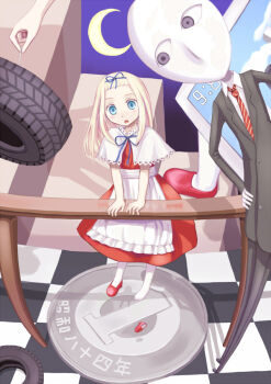Rule 34 | blonde hair, blue eyes, coin, dress, hair ribbon, long hair, moon, ribbon, surreal, unused tire, yuyuzuki (yume usagi)