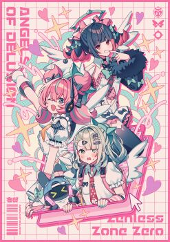 Rule 34 | 3girls, absurdres, amagi hana, angels of delusion, aqua hair, aqua nails, aqua streaks, aria (zenless zone zero), arm up, arm warmers, bandaid, bandaid hair ornament, bangboo (zenless zone zero), barcode, bare shoulders, black choker, black hair, black thighhighs, blue eyes, blush, bridal gauntlets, checkered background, checkered necktie, choker, clothing cutout, collar, colored inner hair, commentary request, copyright name, crossed bangs, cursor, detached sleeves, dress, english text, fingerless gloves, fingernails, frilled dress, frilled sleeves, frills, gloves, green eyes, green hair, green halo, hair between eyes, hair ornament, halo, heart, heart hair ornament, highres, looking at viewer, multicolored hair, multicolored nails, multiple girls, multiple hair clips, nangong yu, navel, navel cutout, necktie, one eye closed, open mouth, pink arm warmers, pink background, pink bag, pink gloves, pink hair, pink nails, ponytail, red necktie, shirt, short twintails, sparkle, streaked hair, striped arm warmers, sunna (zenless zone zero), sweat, thighhighs, twintails, white bridal gauntlets, white dress, white shirt, white wings, winged bag, wings, zenless zone zero