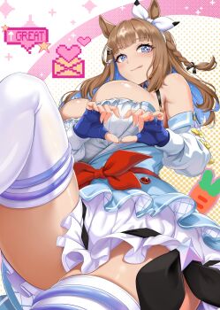 1girl almond_eye_(umamusume) blue_eyes blush breasts brown_hair commentary fingerless_gloves gloves hair_between_eyes hair_ornament hairclip hasaya heart highres horse_girl large_breasts long_hair multicolored_hair solo thighhighs thighs tongue tongue_out two-tone_hair umamusume