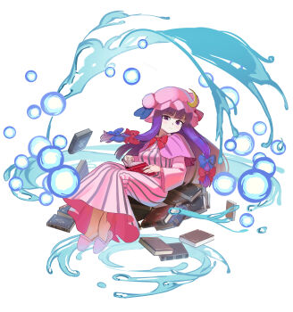 1girl absurdres blue_bow book bow breasts bubble capelet cokeanut10 commentary crescent crescent_hat_ornament dress english_commentary hair_bow hat hat_ornament highres long_hair multiple_hair_bows patchouli_knowledge pink_slippers purple_eyes purple_hair red_bow ribbon sitting sitting_on_books slippers solo touhou water white_background