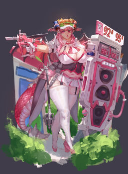 114514_(meme) 1girl absurdres alternate_costume beer_hat black_corset breasts burger can cleavage cleavage_cutout clothing_cutout coca-cola commentary_request cookie_(touhou) corset d_tomoki demon_wings drink_can fat fat_woman food french_fries full_body garter_straps gas_station gasoline gloves grey_background hat head_wings high_heels highres holding huge_breasts koakuma kochiko_(cookie) lips lizard_tail looking_at_viewer mace meme miniskirt navel pepsi pink_eyes pink_hair pink_shoes plump pump shirt shoes short_sleeves skirt soda_can solo standing tail thick_thighs thighhighs thighs touhou visor_cap weapon white_gloves white_hat white_shirt white_skirt white_thighhighs wings