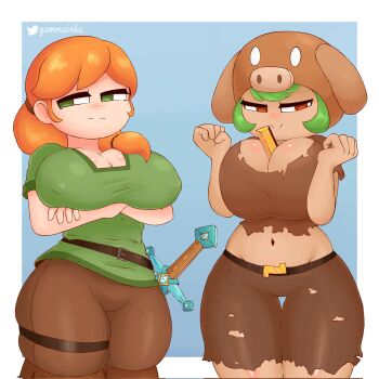 2girls alex_(minecraft) animal_ears breasts brown_pants commentary english_commentary gammainks gold_bar green_eyes green_hair highres jewelry large_breasts minecraft multiple_girls necklace orange_hair pants pig_ears pig_girl pig_snout piglin red_eyes short_sleeves smile sword weapon