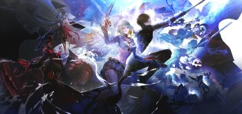 1boy 1girl absurdres augusta_(wuthering_waves) black_hair black_jacket blonde_hair bra brant_(wuthering_waves) breasts cantarella_(wuthering_waves) carlotta_(wuthering_waves) ciaccona_(wuthering_waves) cleavage colored_inner_hair commentary cristoforo_(wuthering_waves) cropped_jacket english_commentary everyone galbrena_(wuthering_waves) glass_shards gun highres holding holding_gun holding_sword holding_weapon iuno_(wuthering_waves) jacket large_breasts leviathan_(wuthering_waves) looking_at_viewer lupa_(wuthering_waves) male_rover_(wuthering_waves) multicolored_hair navel official_alternate_color phoebe_(wuthering_waves) phrolova_(wuthering_waves) qiuyuan_(wuthering_waves) roccia_(wuthering_waves) rover_(wuthering_waves) scar_(wuthering_waves) schwarzloch_(wuthering_waves) shorts stomach sword thighs underwear weapon white_bra white_hair white_jacket white_shorts wuthering_waves yellow_eyes yirin zani_(wuthering_waves)