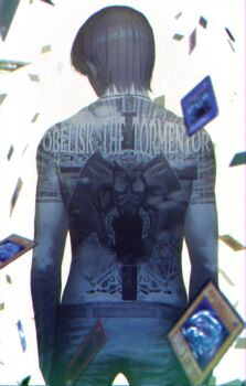 1boy absurdres back back_tattoo belt blue-eyes_white_dragon blurry brown_hair card enemy_controller english_text highres jewelry kaiba_seto male_focus necklace obelisk_the_tormentor solo standing tattoo topless_male wakuwakumkg yu-gi-oh! yu-gi-oh!_duel_monsters