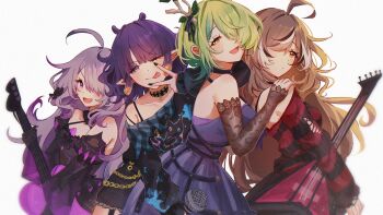 4girls ahoge black_choker black_dress black_gloves black_streaks black_sweater blue_shirt brown_eyes brown_hair ceres_fauna ceres_fauna_(goth) chest_jewel choker dress elbow_gloves gloves green_hair grey_hair guitar hair_over_one_eye highres holding holding_guitar holding_instrument hololive hololive_english instrument koseki_bijou koseki_bijou_(gore_magala) long_hair looking_at_viewer multiple_girls nanashi_mumei nanashi_mumei_(emo) ninomae_ina'nis ninomae_ina'nis_(nu_udra) official_alternate_costume official_alternate_hairstyle pointy_ears purple_dress purple_eyes red_sweater se10on shirt short_hair smile striped_clothes striped_sweater sweater tongue tongue_out torn_clothes torn_sweater v v_over_mouth very_long_hair virtual_youtuber white_streaks yellow_eyes