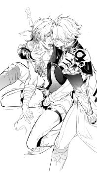 Rule 34 | 2boys, absurdres, antenna hair, arm tattoo, bandaged arm, bandages, black choker, black coat, black gloves, black shirt, braid, chest tattoo, chinese commentary, choker, clawed gauntlets, coat, commentary request, earrings, facial tattoo, fingerless gloves, gloves, greyscale, highres, honkai: star rail, honkai (series), implied fingering, jewelry, leg tattoo, luuuuuucao22811, male focus, medium hair, monochrome, multiple boys, mydei (honkai: star rail), necklace, open clothes, open coat, phainon (honkai: star rail), shirt, short hair, side braid, simple background, tattoo, thigh strap, white background, white coat, yaoi