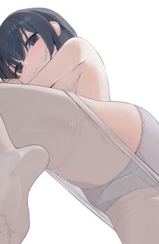 1girl black_eyes black_hair blush breasts closed_mouth clothes_pull from_below grey_panties highres hiroki_(yyqw7151) looking_at_viewer medium_breasts original panties pantyhose pantyhose_pull simple_background soles solo toes topless_female underwear white_background white_pantyhose