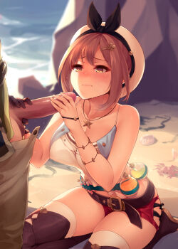 1boy 1girl atelier_(series) atelier_ryza atelier_ryza_1 belt blush boots breasts brown_belt brown_eyes brown_footwear brown_gloves brown_hair cleavage closed_mouth collarbone english_text flask gloved_handjob gloves hair_between_eyes hair_ornament hairclip handjob hat hetero highres jewelry large_breasts leather_belt lips male_pubic_hair necklace outdoors penis pubic_hair red_shorts reisalin_stout ricegnat round-bottom_flask seiza short_hair short_shorts shorts single_glove sitting sleeveless solo_focus star_(symbol) star_necklace sweat test_tube thigh_boots thighhighs thighs uncensored white_headwear white_thighhighs