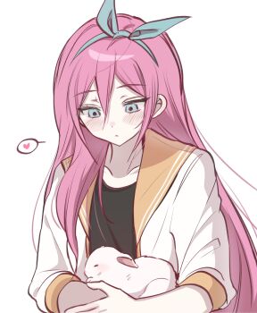 1girl animal aubrey_(faraway)_(omori) aubrey_(omori) blue_eyes blue_hairband blush closed_mouth collarbone double-parted_bangs hair_between_eyes hairband heart highres holding holding_animal jacket long_hair omori open_clothes open_jacket pink_hair rabbit short-sleeved_jacket short_sleeves sidelocks simple_background solo speech_bubble spoken_heart upper_body white_background white_jacket wktdms1