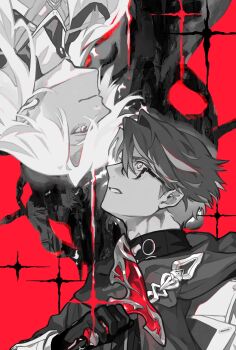 Rule 34 | 2boys, cane, closed mouth, commentary request, from side, glasses, gloves, greyscale with colored background, highres, holding, holding cane, honkai: star rail, honkai (series), long hair, long sleeves, looking at another, male focus, multiple boys, parted lips, pokashi, red background, scarf, second-party source, semi-rimless eyewear, short hair, simple background, smile, sparkle, spot color, under-rim eyewear, upper body, void archives, welt yang