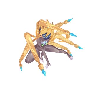 1girl absurdres aizeis alternate_costume assault_visor biometal blonde_hair bodystocking bodysuit breasts chest_jewel ciel_(mega_man) commission commissioner_upload covered_navel crown extra_eyes fighting_stance forehead_jewel full_body gloves green_eyes highres long_hair mask mechanical_ears mechanical_wings mega_man_(series) mega_man_zero_(series) mega_man_zx model_w_(mega_man) no_armor non-web_source petite ponytail small_breasts solo thighs tiara transparent_background wings