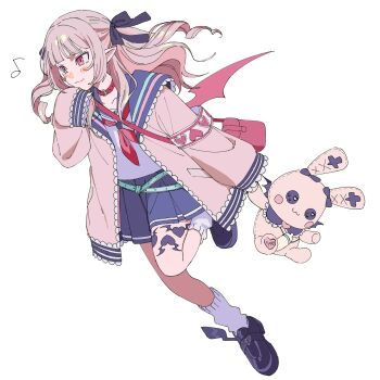 1girl absurdres aqua_belt armband bag belt belt_collar black_shoes blue_ribbon blue_sailor_collar blue_skirt blush_stickers closed_mouth collar collarbone colored_inner_hair demon_wings drill_hair eighth_note fang floating_hair full_body grey_hair hair_intakes hair_over_shoulder hair_ribbon handbag heart highres holding holding_stuffed_toy jacket knee_up leg_tattoo long_hair looking_ahead loose_belt loose_socks makaino_ririmu makaino_ririmu_(4th_costume) miniskirt multicolored_hair musical_note neckerchief nijisanji open_clothes open_jacket pink_hair pink_jacket pink_streaks platform_shoes pleated_skirt pointy_ears red_bag red_collar red_eyes red_neckerchief red_wings ribbon sailor_collar school_uniform serafuku shirt shoes shoulder_bag sidelocks simple_background skin_fang skirt sleeves_past_fingers sleeves_past_wrists smile socks solo standing standing_on_one_leg streaked_hair stuffed_animal stuffed_rabbit stuffed_toy tattoo two-tone_hair two_side_up virtual_youtuber white_background white_shirt white_socks winged_heart winged_heart_tattoo winged_shoes wings zzzkznk