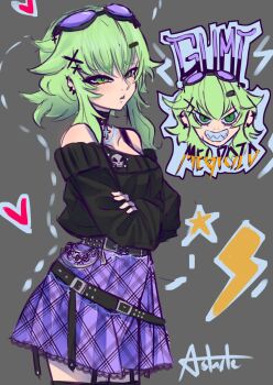 1girl astartefrost bare_shoulders belt black-framed_eyewear black_belt black_choker black_shirt black_thighhighs breasts character_name choker collarbone commentary cross cross_choker crossed_arms ear_piercing english_commentary goggles goggles_on_head green_eyes green_hair grey_background gumi hair_ornament hairclip heart highres large_breasts lightning_bolt_symbol piercing plaid_clothes plaid_skirt punk purple-tinted_eyewear purple_skirt sharp_teeth shirt short_hair_with_long_locks signature skirt skull solo star_(symbol) teeth thighhighs tinted_eyewear vocaloid