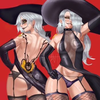 1girl alucull ass back_tattoo black_eyeliner black_lips breasts cleavage collar commentary english_commentary eyeliner fishnet_thighhighs fishnets flower_tattoo garter_straps grey_hair hair_behind_ear hat highres laces long_hair makeup niijima_sae panties persona persona_5 red_background shadow_(persona) shadow_sae spiked_collar spikes tattoo teasing thighhighs thighs tongue tongue_out underwear witch_hat yellow_eyes