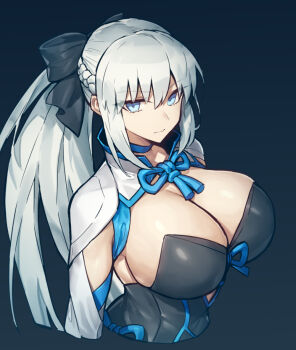 1girl black_dress black_ribbon blue_eyes bow braid breasts cleavage dress fate/grand_order fate_(series) grey_hair hair_bow hair_ribbon half_up_braid long_hair looking_at_viewer melon22 morgan_le_fay_(fate) morgan_le_fay_(first_ascension)_(fate) nobra ponytail ribbon sideboob sidelocks solo two-tone_dress very_long_hair