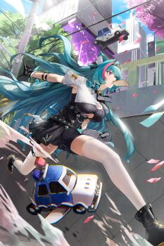 1girl absurdres animal_ear_fluff animal_ears aqua_hair black_bodysuit black_boots black_dress black_gloves black_ribbon bodysuit bodysuit_under_clothes boots bread bread_slice breasts building capelet car cat cat_ears cat_girl cat_tail chinese_commentary cleavage cleavage_cutout clothing_cutout commentary_request dress food food_in_mouth full_body gloves hair_ornament hair_ribbon hanasawa_(hanasawa062) highres large_breasts long_hair looking_to_the_side mint_(nte) motor_vehicle mouth_hold multicolored_hair neverness_to_everness open_clothes outdoors police_car red_eyes red_hair ribbon running short_sleeves sleeveless sleeveless_dress solo tail thighhighs thighs toast toast_in_mouth tree two-tone_hair underboob underboob_cutout white_capelet white_thighhighs